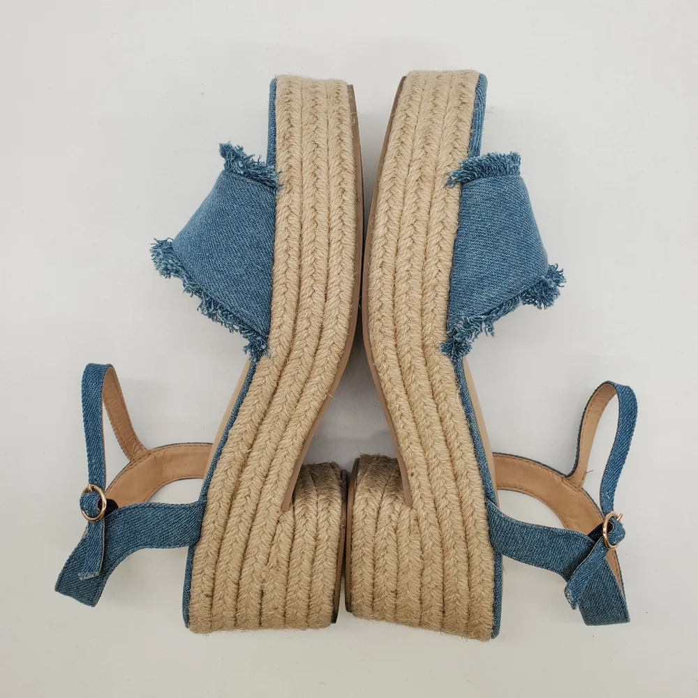 C Comfort Frayed Denim Espadrille Block Heel Platform Sandals Size 11